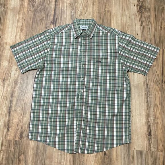 Carhartt Men's Large Green Brown Plaid Short Sleeve Button Down Shirt - GUC - Picture 1 of 10